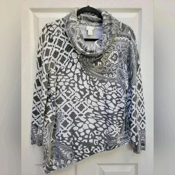 Chico's Women's Asymmetrical Paisley Scoop Neck Long Sleeve Size Medium - Picture 1 of 3